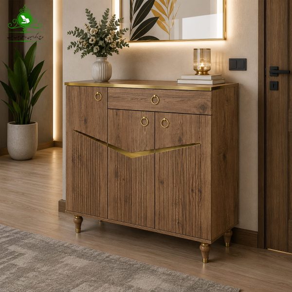 Hafti Model Vacuum-Pressed Three-Door Shoe Cabinet 4 جاکفشی سه درب وکیوم مدل هفتی رنگ آنتیک طلایی