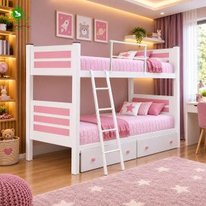 تخت خواب دو طبقه مدل سناتور رنگ سفید صورتی